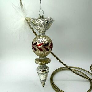 Vintage Silver Glass Bird Finial Christmas Ornament with Feather Tail